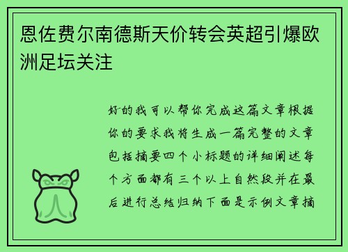 恩佐费尔南德斯天价转会英超引爆欧洲足坛关注 恩佐费尔南德斯天价转会英超引爆欧洲足坛关注